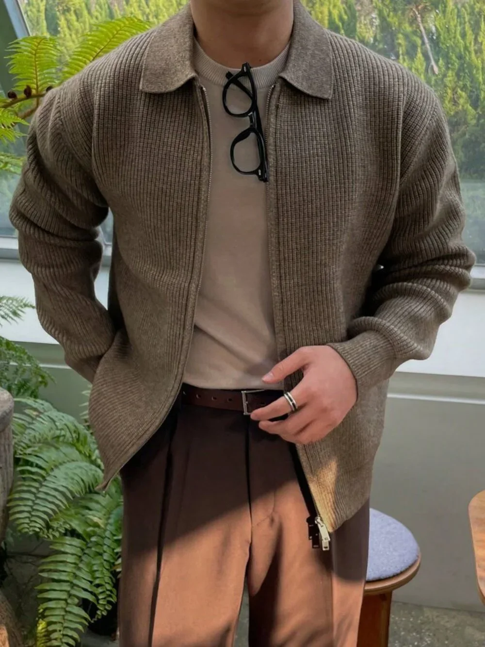 Coffee Brown Casual Men's Cardigan Sweater With Turndown Collar
